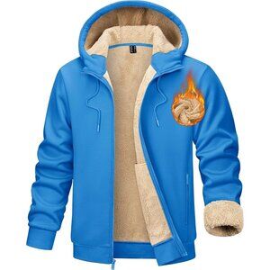 Mens Winter Hoodie Full Zip Fleece Sherpa Lined Warm Blue Casual Sweatshirt